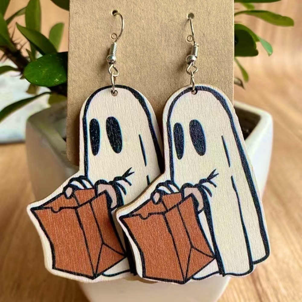Wooden Halloween Trick or Treat Ghost Earrings